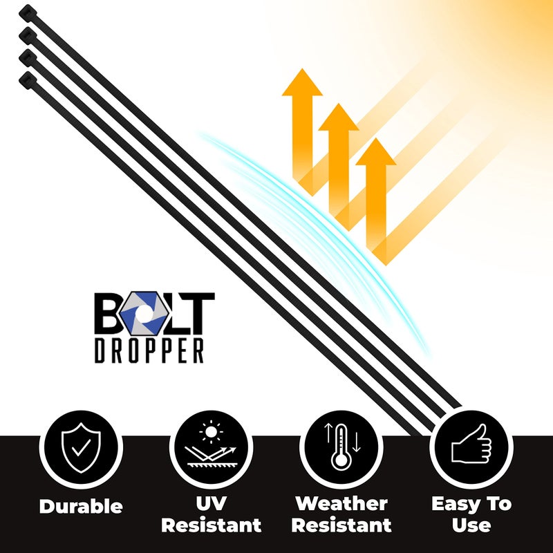 Bolt Dropper 12" Black Zip Cable Ties (100 Set), 120lbs Tensile Strength - Heavy Duty, Self-Locking Durable Plastic Cable Wire Ties for Indoor and Outdoor by Bolt Dropper (Black) - Image 2